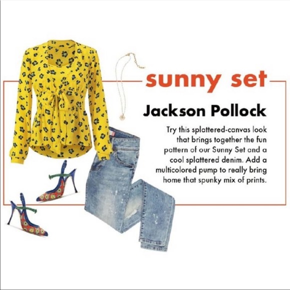 CAbi Sunny Set Tie-Front Floral Blouse & Cami Yellow Print Pollock - Picture 5 of 6